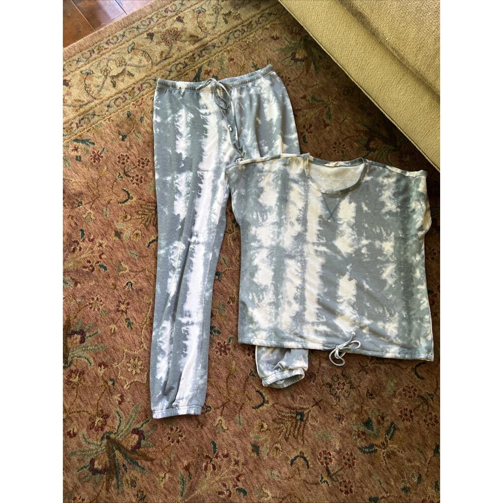 COMO BLU Tie Dye Gray White Pullover & Jogger Pants Matching Lounge Set Cozy M
